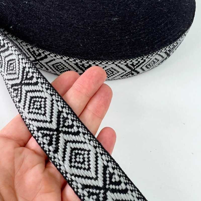 Cinta de algodón de espiga de 3cm con dibujos geométricos en negro y gris