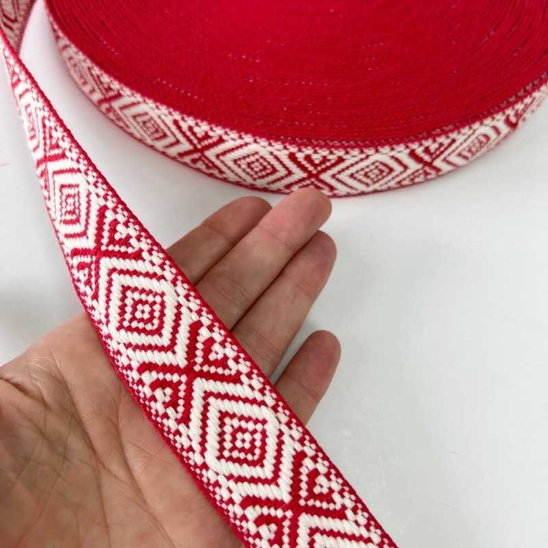 Cinta de algodón de espiga de 3cm con dibujos geométricos en rojo y blanco
