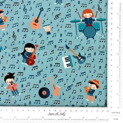 Tela de algodón con Rita y Nico con instrumentos musisales y notas. Tela diseñada por Jan et Jul